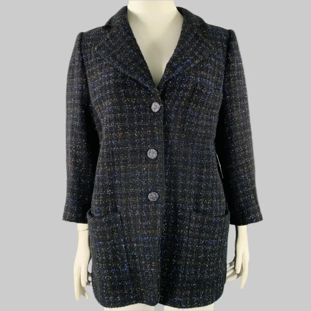 CHANEL Size 18 Black Navy Cotton Blend Shiny 3/4 Sleeves Coat